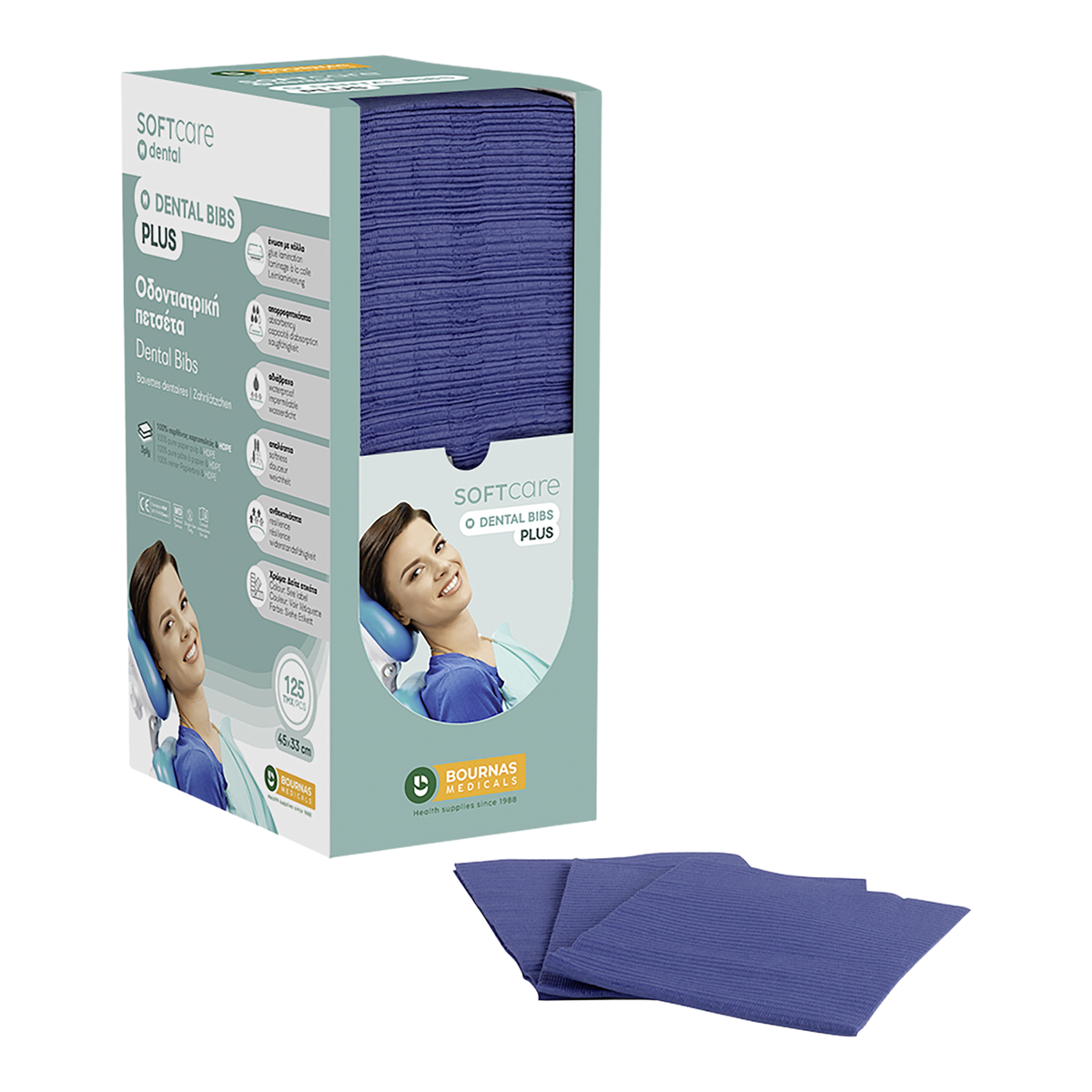 Patient Napkins Soft Care 3 -Lagig in Dispensserbox 4 x 125 pièces - bleu foncé